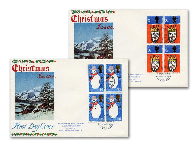 1966 Christmas, phosphor, Bethlehem FDI, Blocks of Four