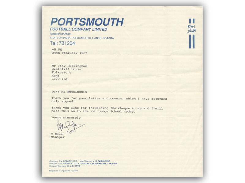 Alan Ball signed, typed letter Portsmouth FC