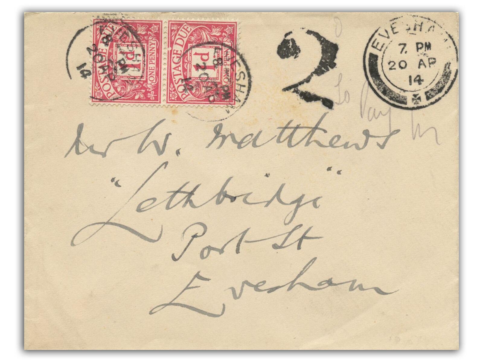 1914 1d Postage Due, Evesham CDS