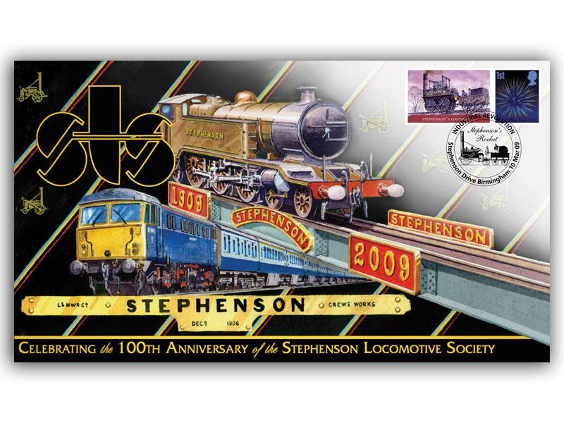 100th Anniversary of the Stephenson Locomotive Society cover, Industrial Revolution Stephenson Drive Birmingham postmark