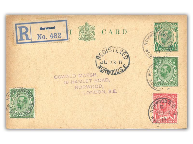 1911 Coronation 1/2d Postcard, Norwood postmark