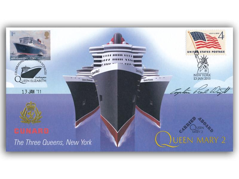 Three Queens Meeting, New York - Queen Mary 2, signed Captain Paul Wright