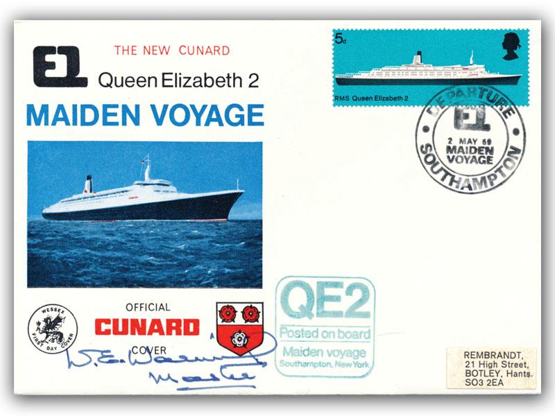 William Warwick signed 1969 RMS QE2 Maiden Voyage, New York Postmark