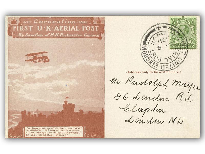 1911 Aerial Post, 1/2d Postcard, Red/Brown, addressed to Clapton London