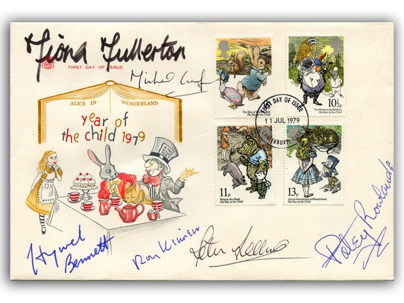Fiona Fullerton, Hywel Bennett, Peter Sellers, Michael Crawford, Roy Kinnear & Patsy Rowlands signed Alice in Wonderland cover