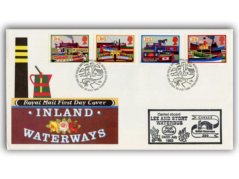 1993 Canals, Bureau postmark, Lee and Stort Waterbus carried cachet, Royal Mail cover, unaddressed