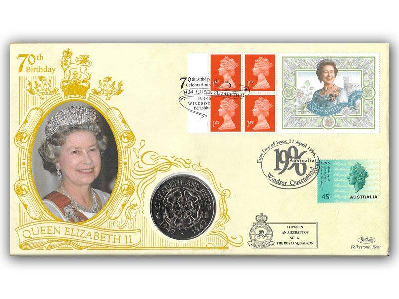 1996 Queens 70th Birthday retail booklet, coin cover