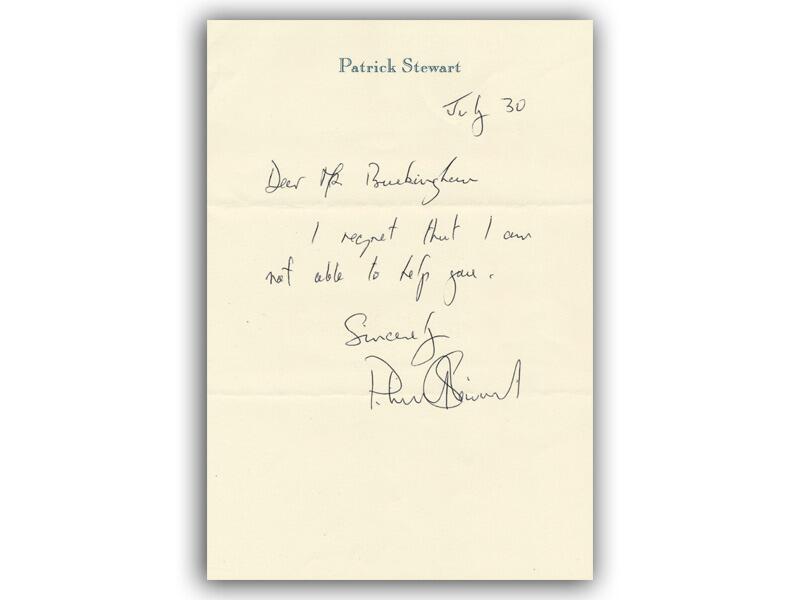 Sir Patrick Stewart signed, handwritten letter