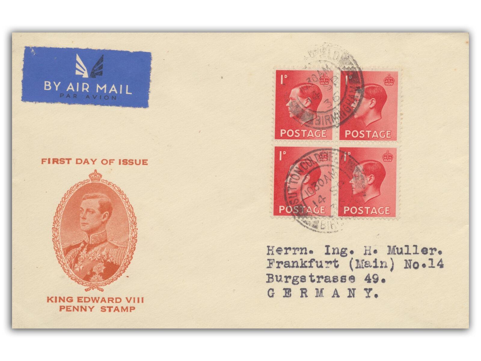 1936 Edward VIII 1d Block of Four, Sutton Coldfield CDS