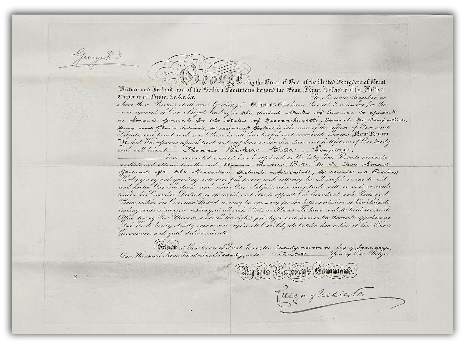 King George V Signed | 1920 Consul Document