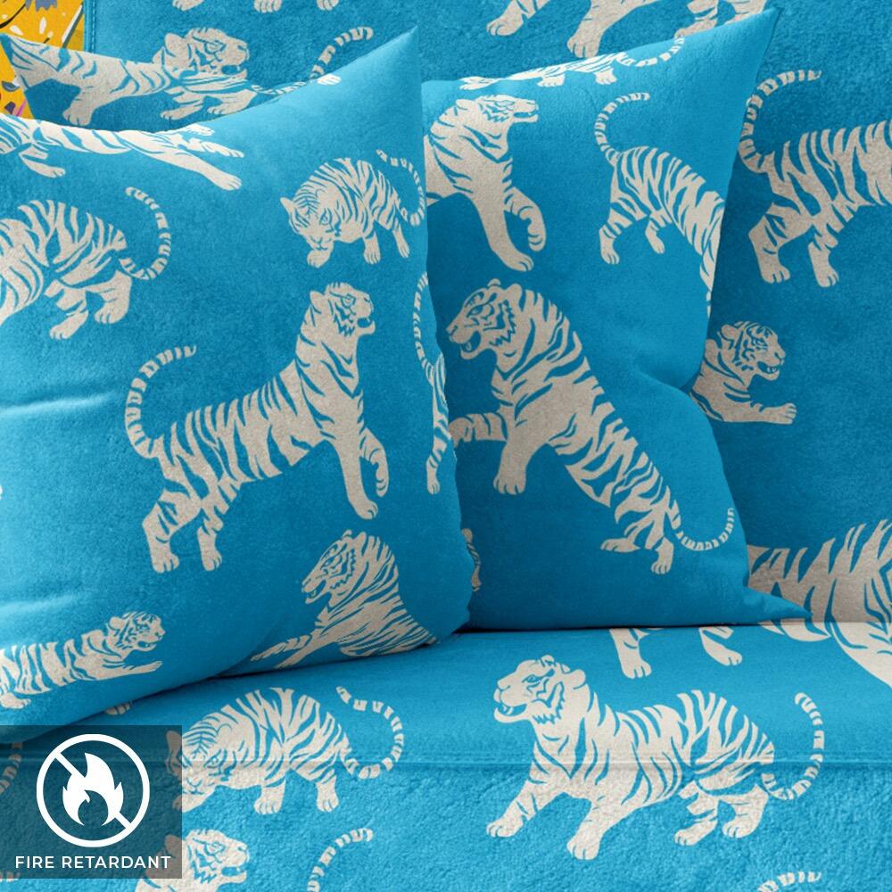 Bright Blue Tiger Tantrum Velvet Fire Retardant Fabric