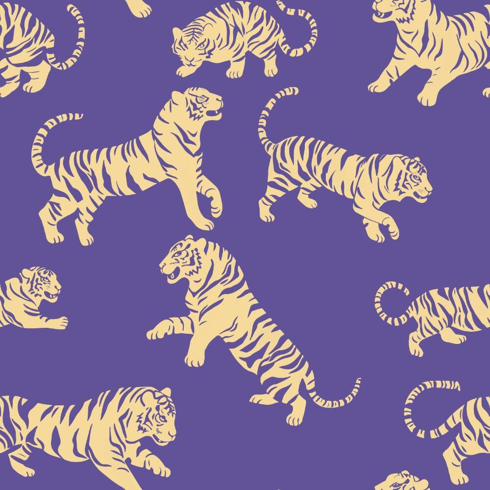 Purple and Yellow Tiger Tantrum Velvet Fire Retardant Fabric Sample