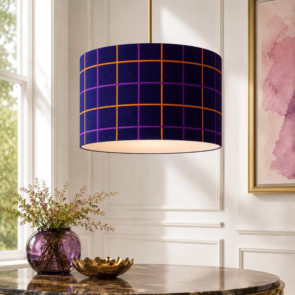 Blue and Orange Check Velvet Lampshade on Ceiling Pendant