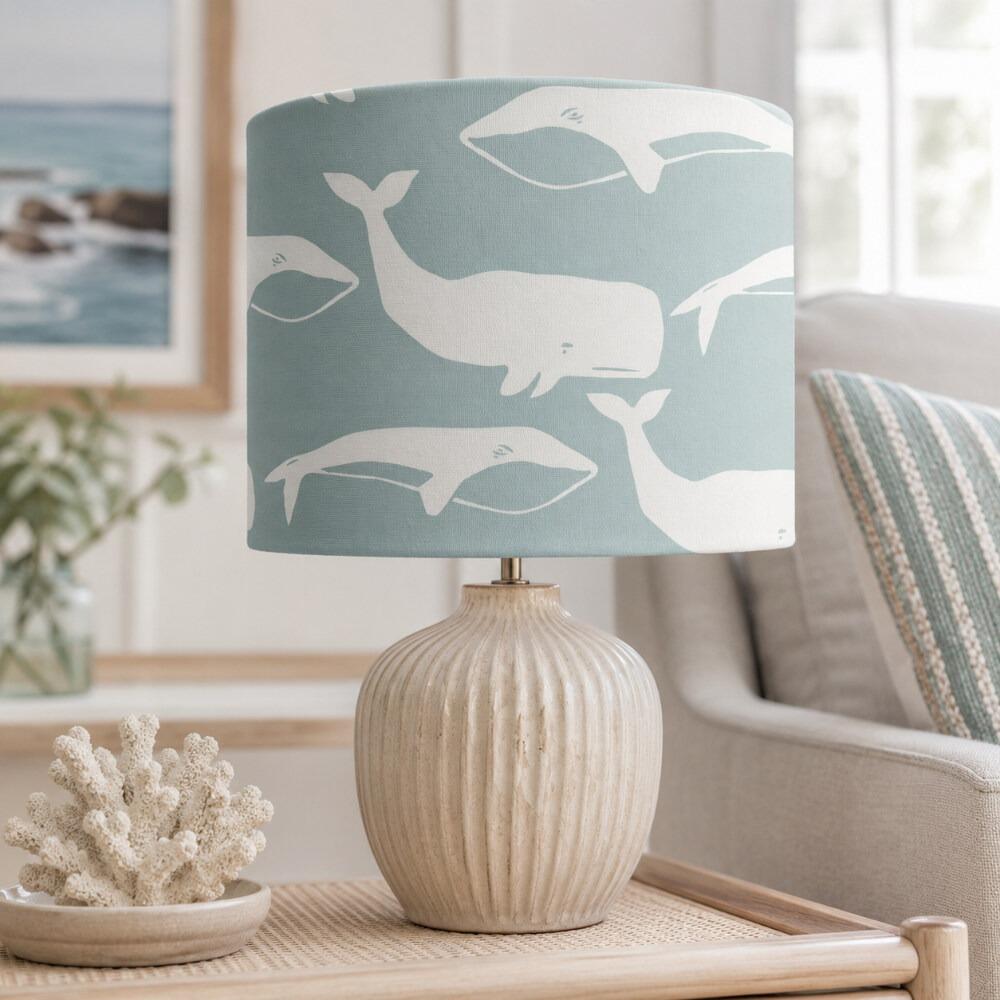 Seafoam Green Whale Velvet Lampshade on Table Lamp