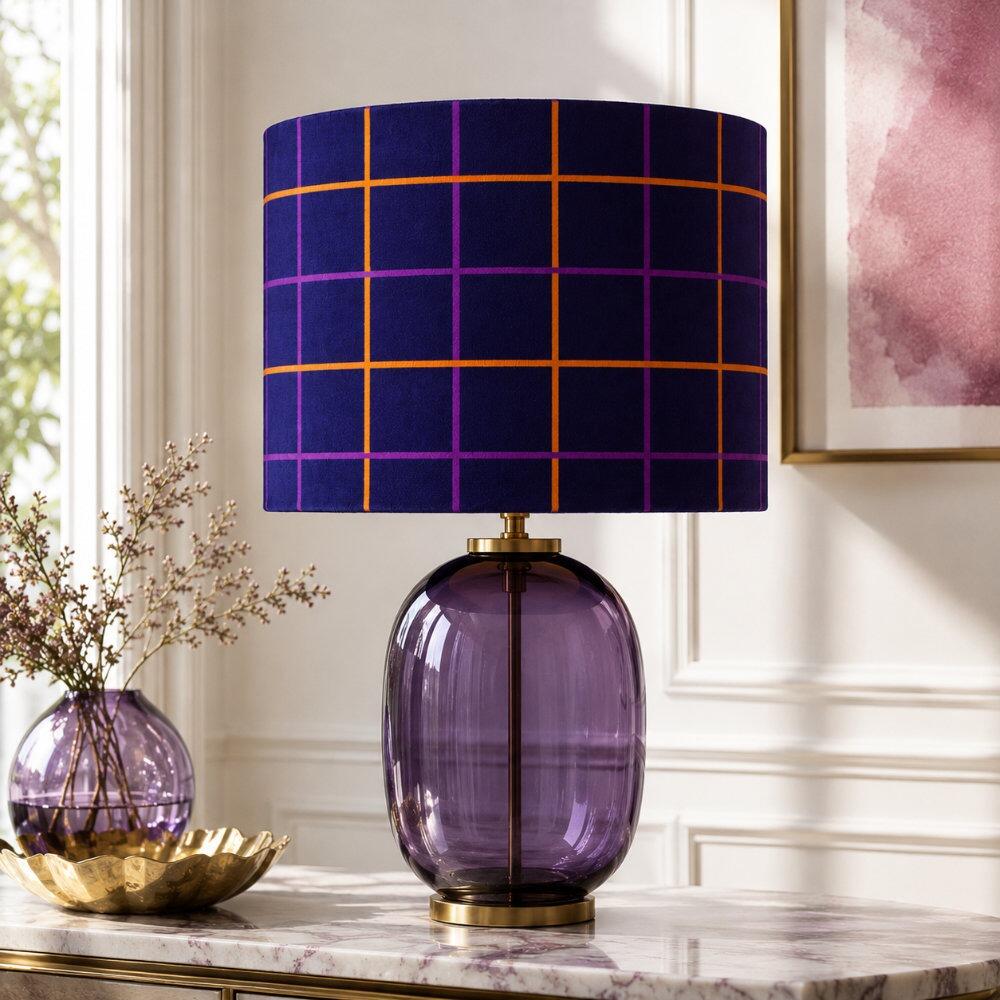 Blue and Orange Check Velvet Lampshade on Table Lamp