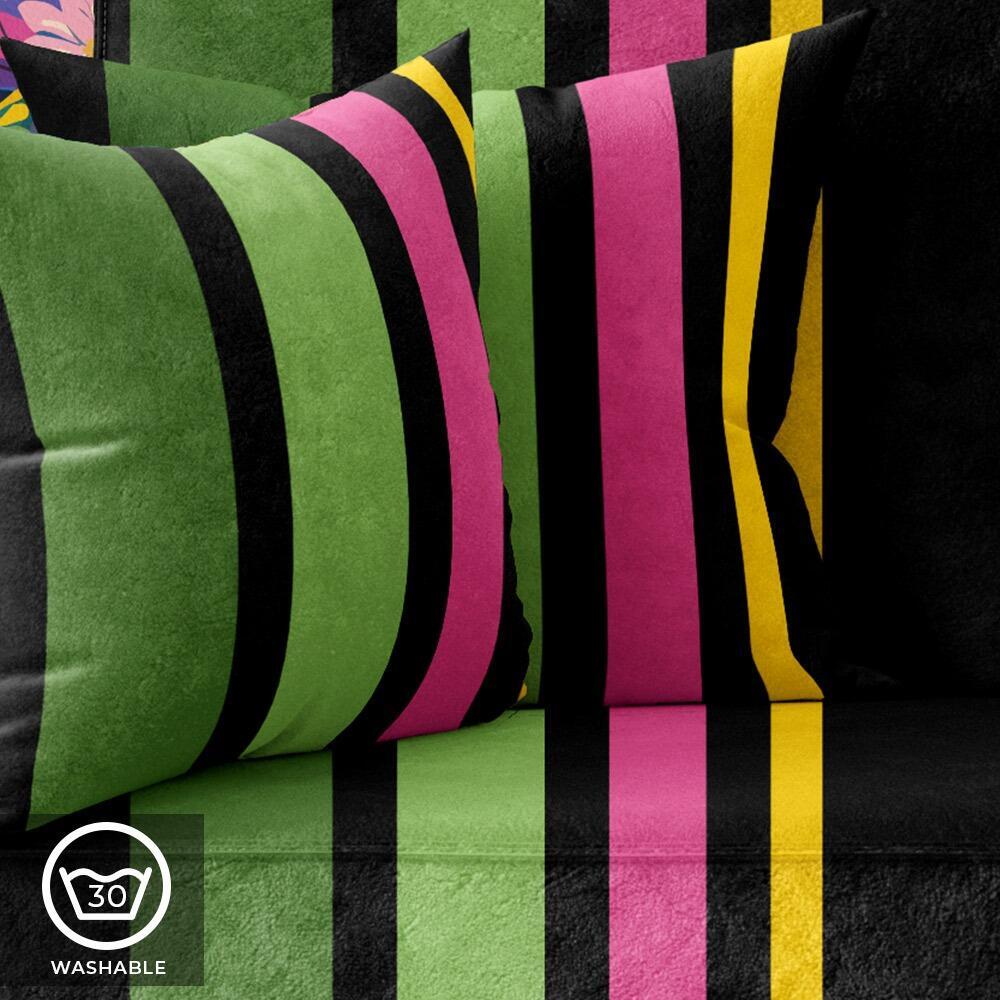 Black, Pink, Green and Yellow Stripe Luxury Velvet Cushion