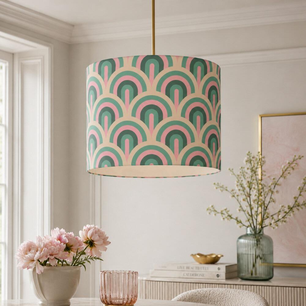 Retro Green and Pink Arches Velvet Lampshade on Ceiling Pendant