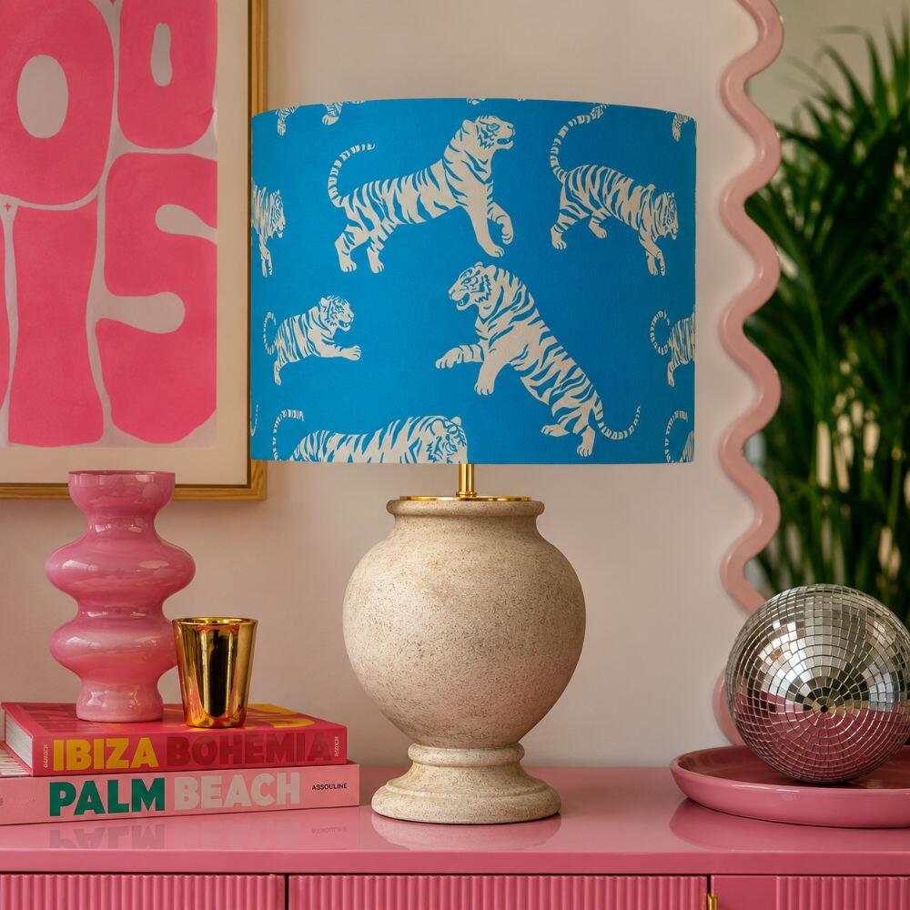 Bright Blue Tiger Tantrum Velvet Lampshade on Table Lamp