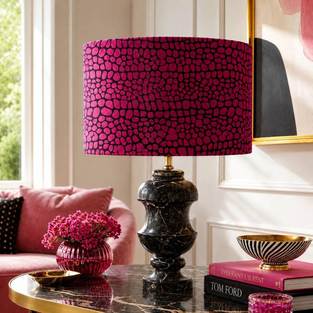 Bright Pink Snakeskin Velvet Lampshade on Table Lamp