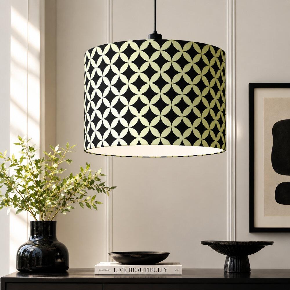 Green Retro Circles Velvet Lampshade on Ceiling Pendant