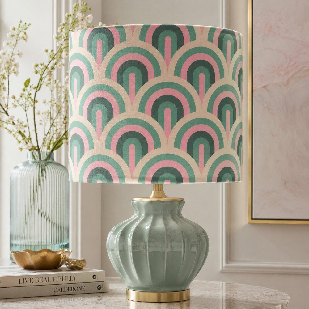 Retro Green and Pink Arches Velvet Lampshade on Table Lamp