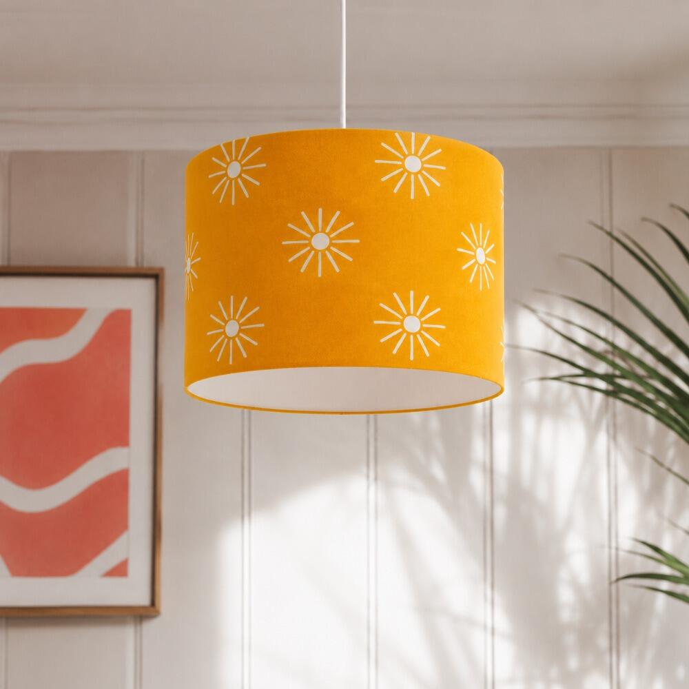 Yellow Sunburst Velvet Lampshade on Ceiling Pendant