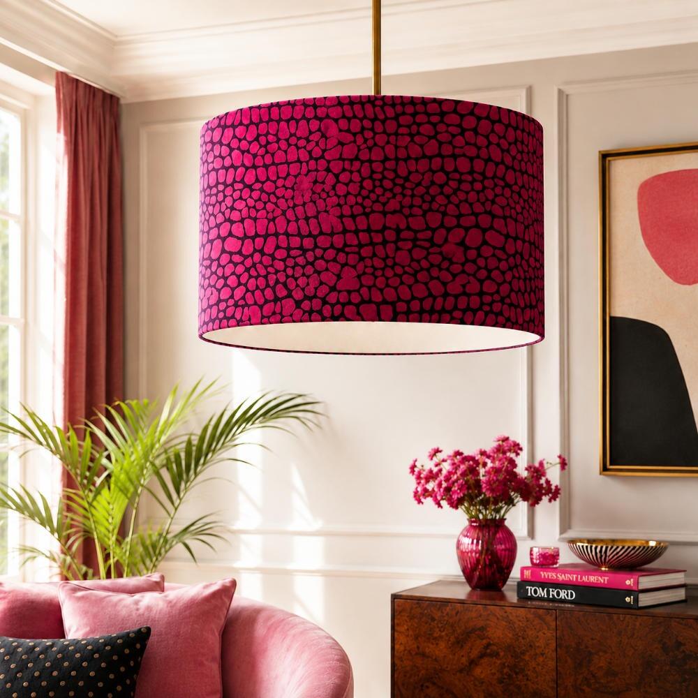 Bright Pink Snakeskin Velvet Lampshade on Ceiling Pendant
