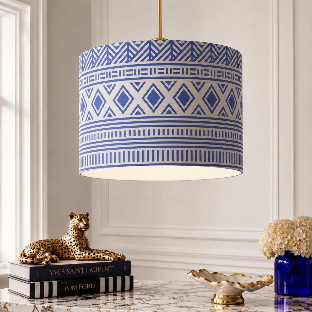 Blue Tribal Stripes Velvet Lampshade on Ceiling Pendant