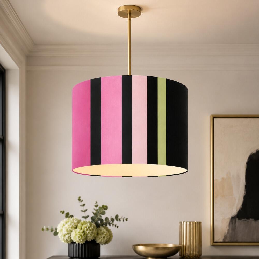 Black, Pink and Green Stripe Velvet Lampshade as Ceiling Pendant