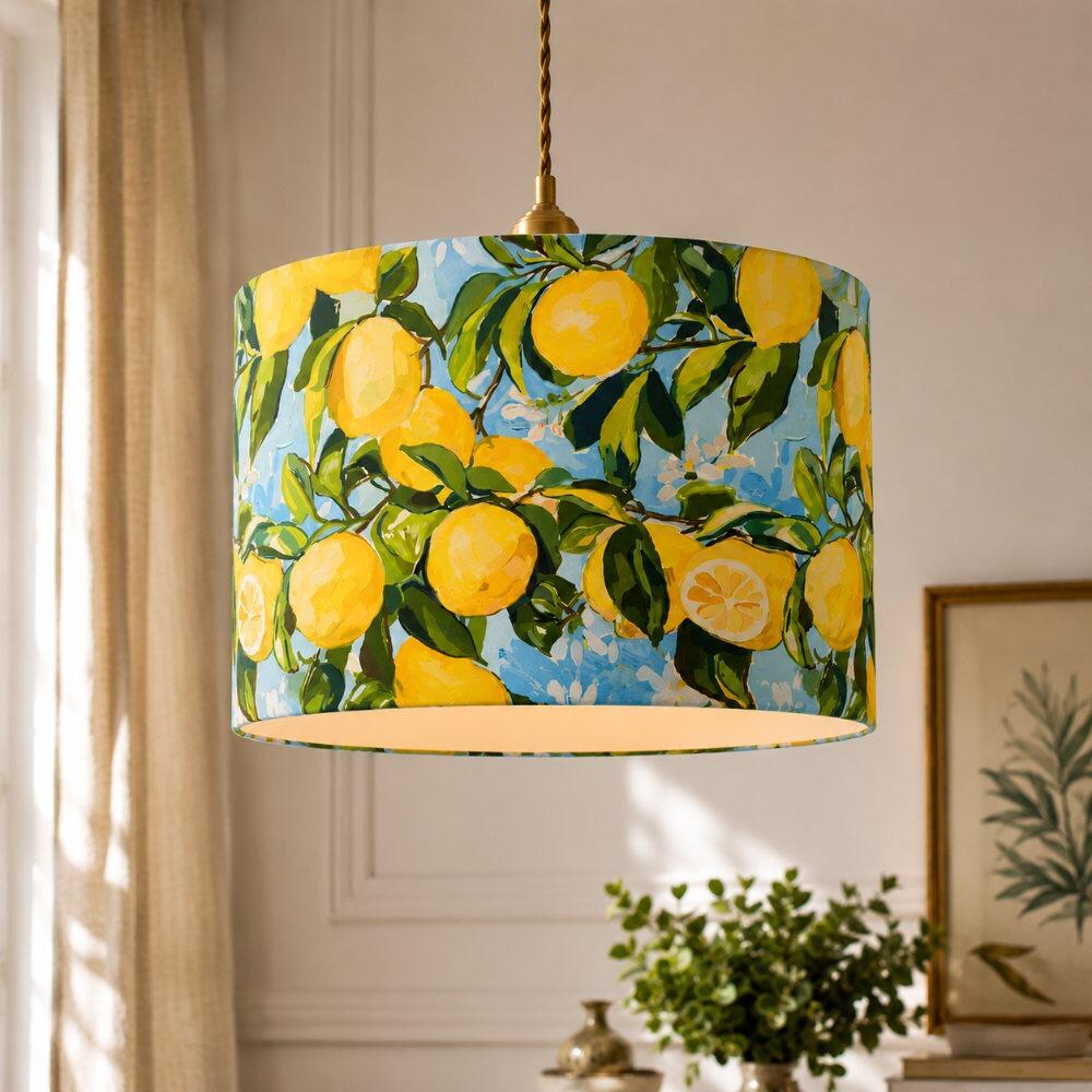 Lemon Zest Velvet Lampshade on Ceiling Pendant