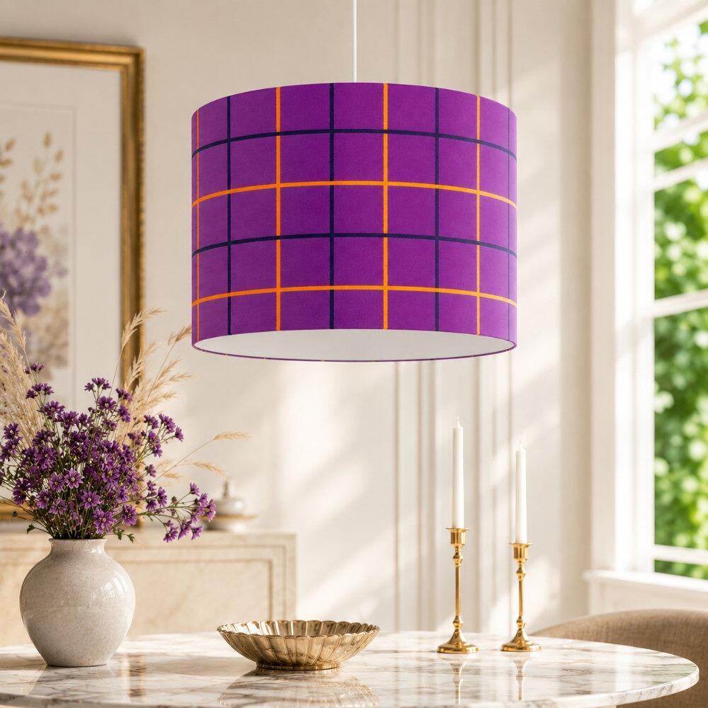 Purple Check Velvet Lampshade on Ceiling Pendant
