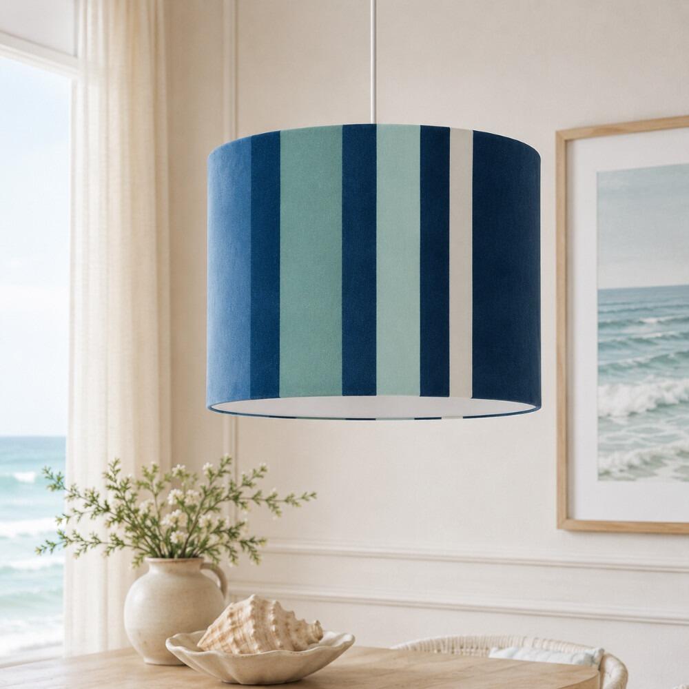 Blue Stripe Velvet Lampshade on Ceiling Pendant