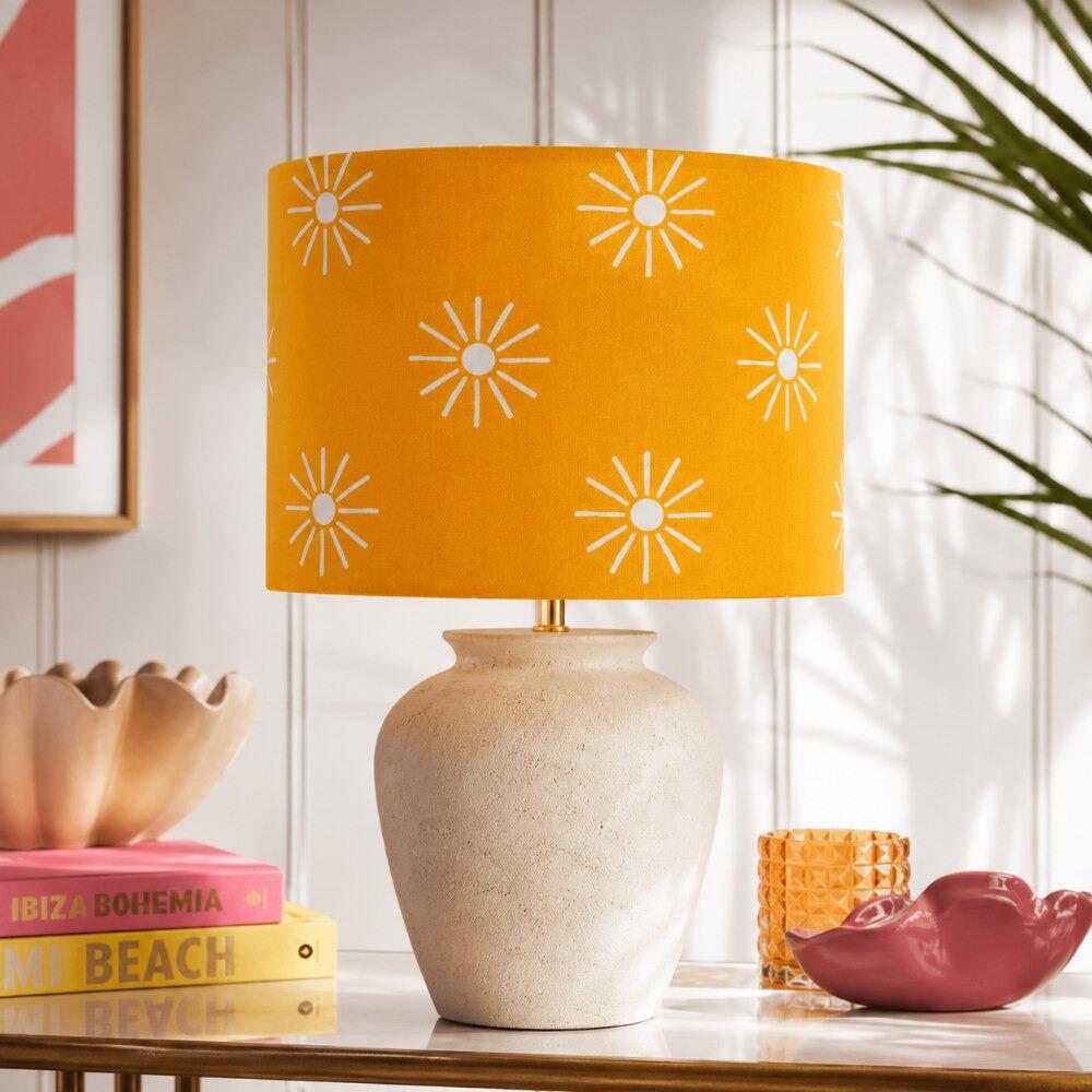 Yellow Sunburst Velvet Lampshade on Table Lamp