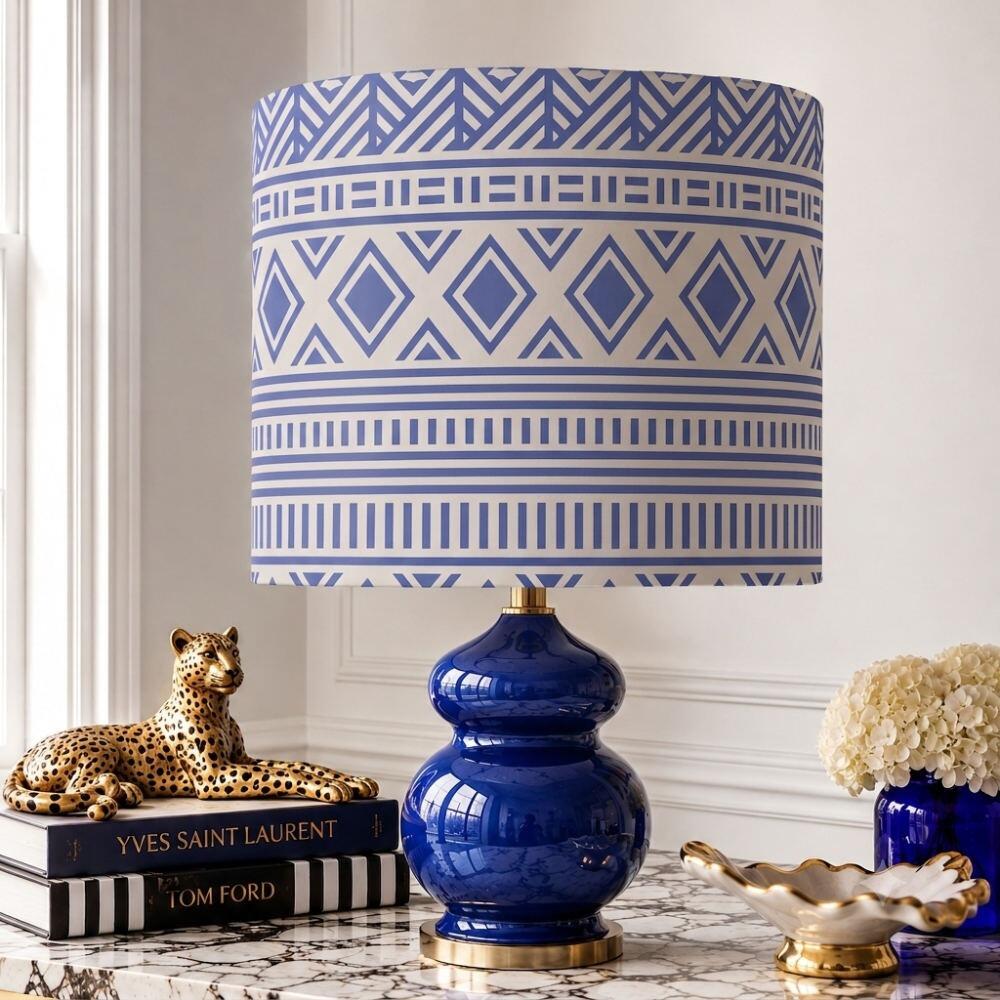 Blue Tribal Stripes Velvet Lampshade on Table Lamp