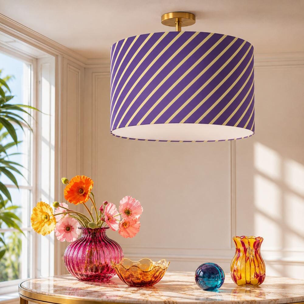 Purple and Yellow Candy Stripe Velvet Lampshade on Ceiling Pendant