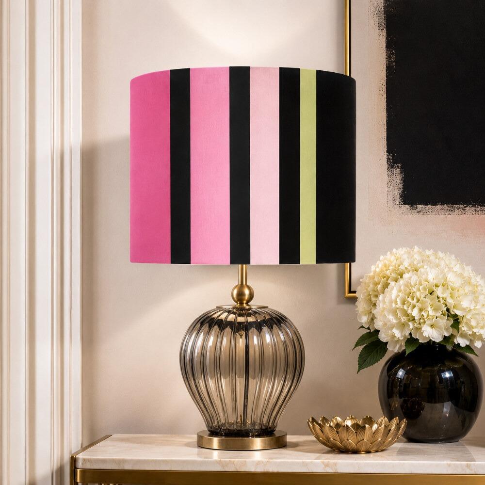 Black, Pink and Green Stripe Velvet Lampshade on Table Lamp