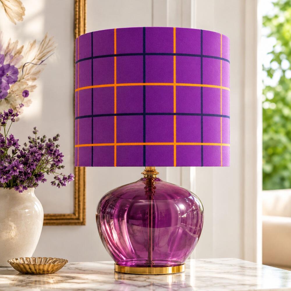 Purple Check Velvet Lampshade on Table Lamp