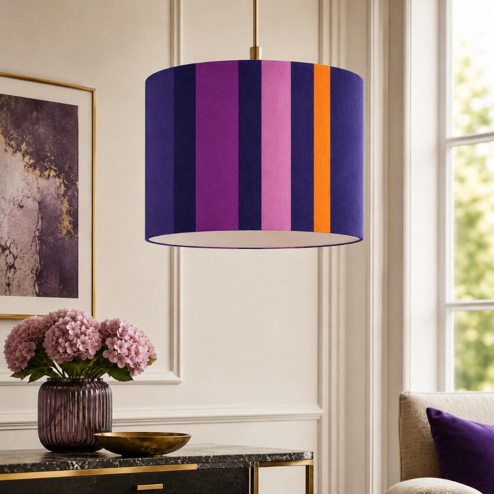Purple, Blue and Orange Stripe Velvet Lampshade on Ceiling Pendant