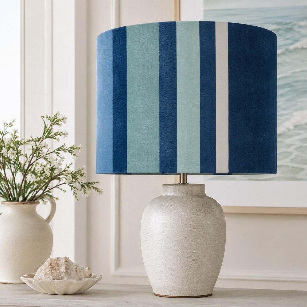 Blue Stripe Velvet Lampshade on Table Lamp