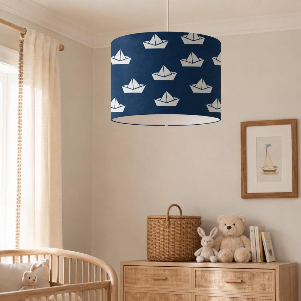 Navy Paper Boats Velvet Lampshade on Ceiling Pendant