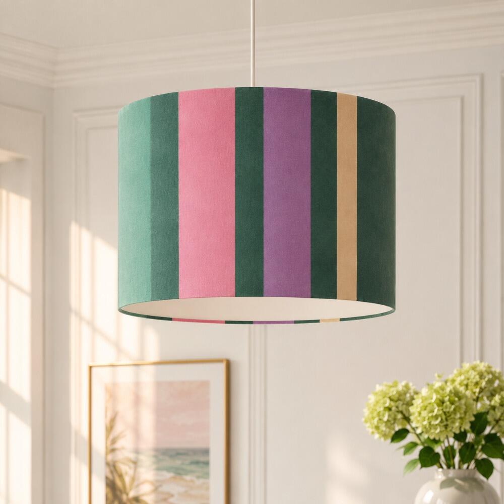Green and Pink Stripe Velvet Lampshade on Ceiling Pendant