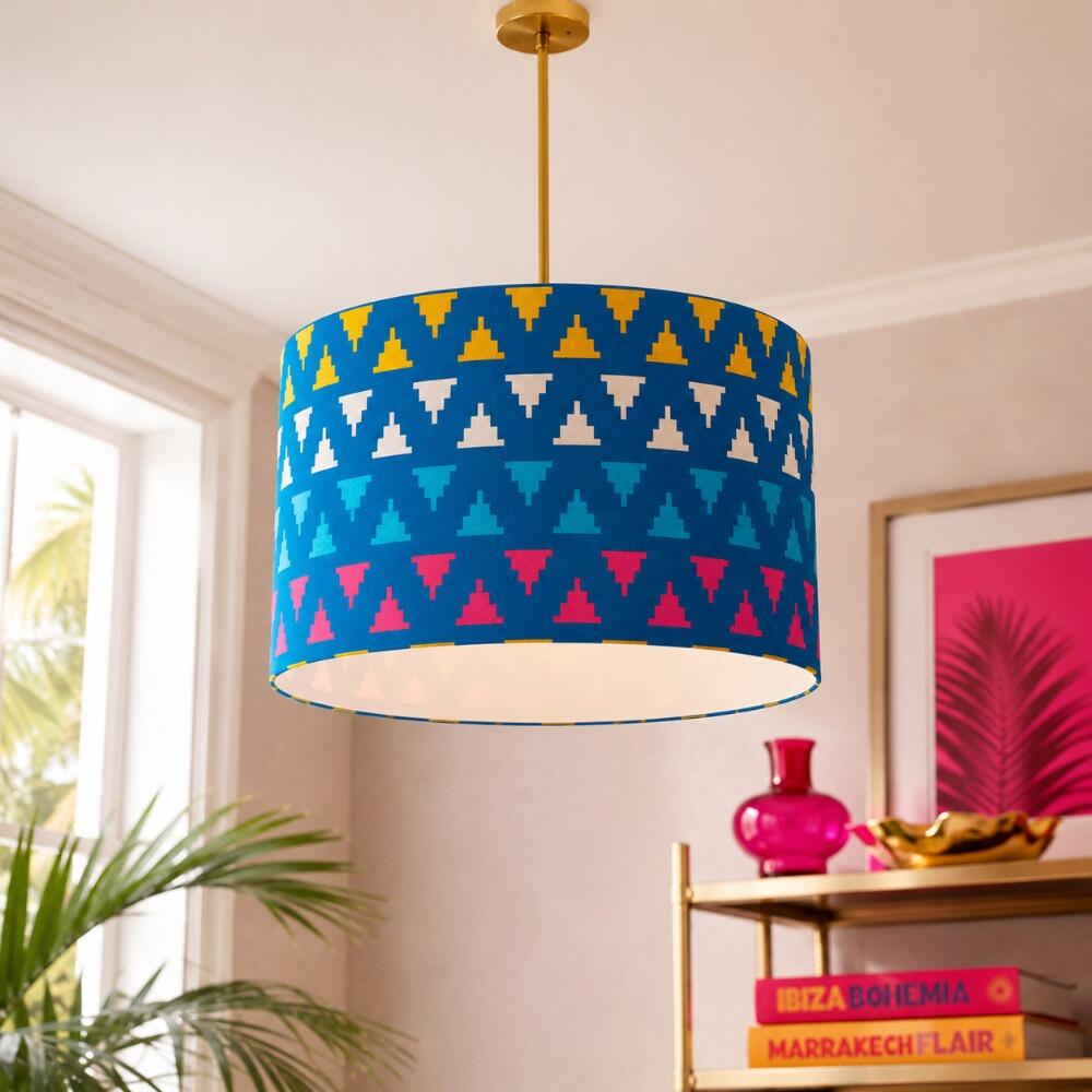 Bright Blue Kilim Velvet Lampshade on Ceiling Pendant