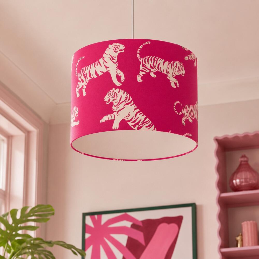 Bright Pink Tiger Tantrum Velvet Lampshade on Ceiling Pendant