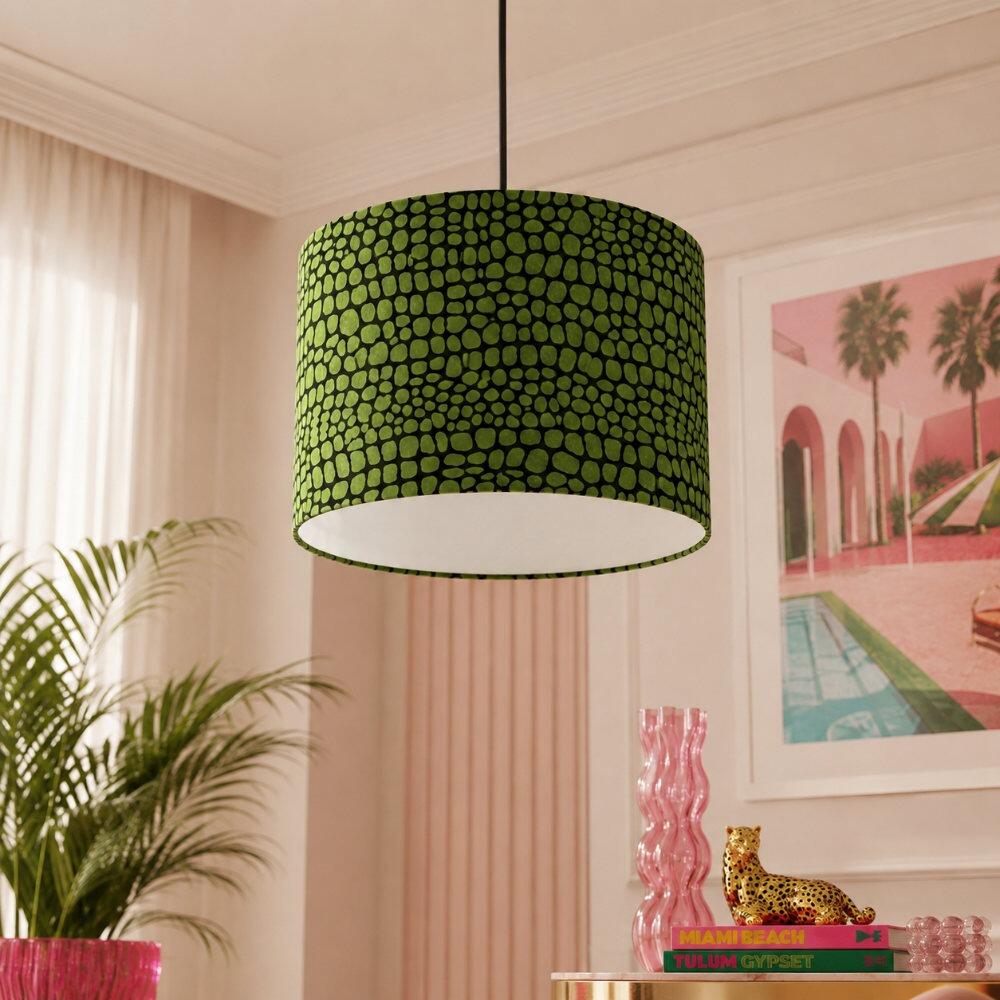 Bright Green Snakeskin Velvet Lampshade on Ceiling Pendant