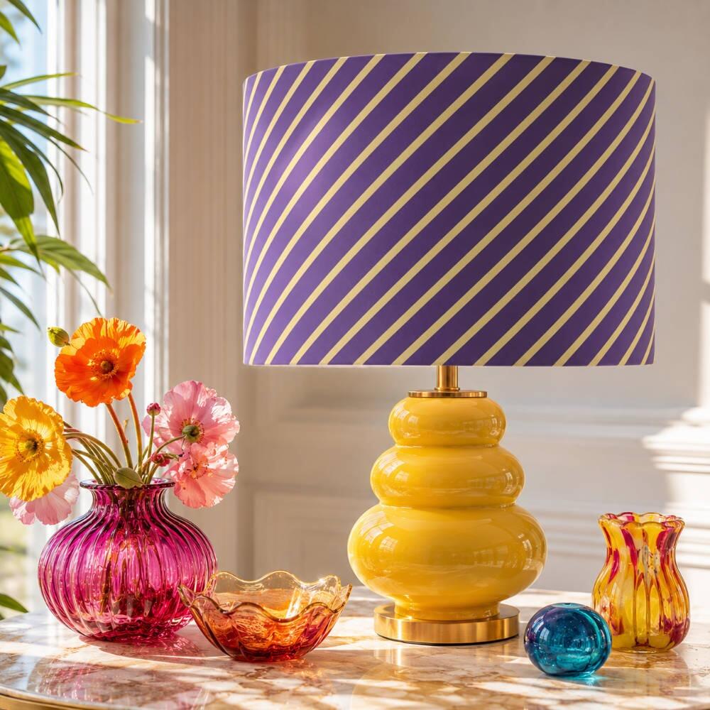 Purple and Yellow Candy Stripe Velvet Lampshade on Table Lamp