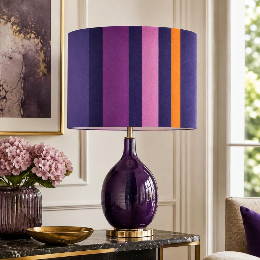 Purple, Blue and Orange Stripe Velvet Lampshade on Table Lamp