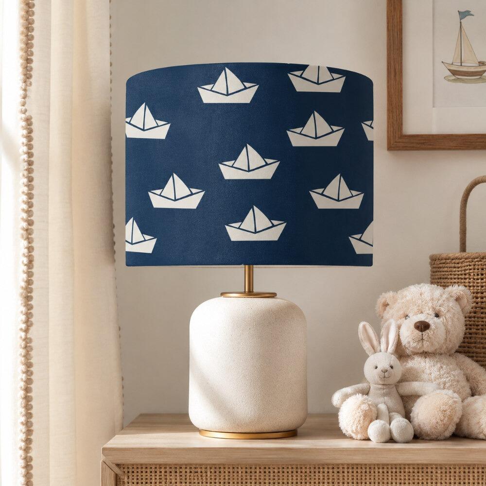 Navy Paper Boats Velvet Lampshade on Table Lamp