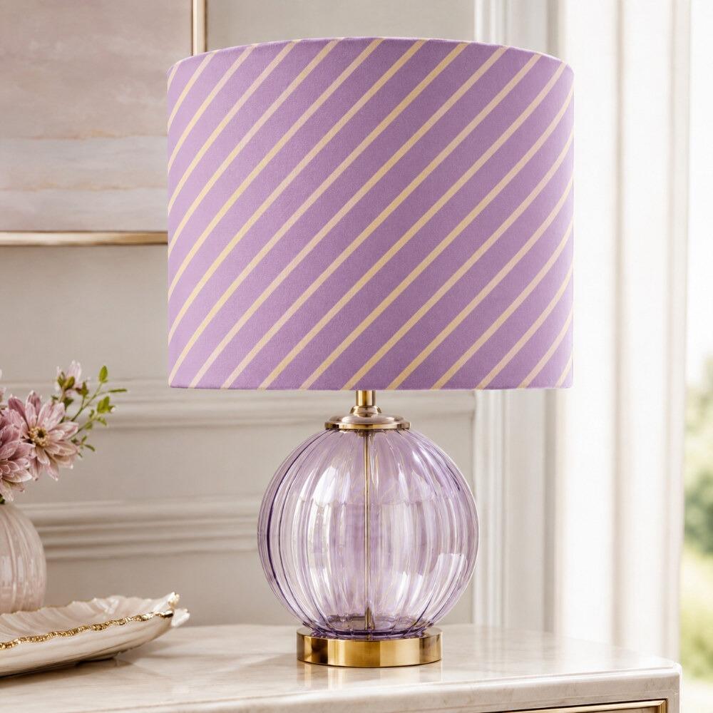 Lilac and Cream Candy Stripe Velvet Lampshade on Table Lamp
