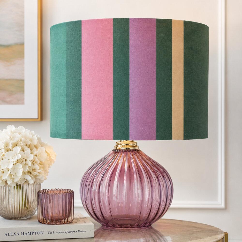 Green and Pink Stripe Velvet Lampshade on Table Lamp