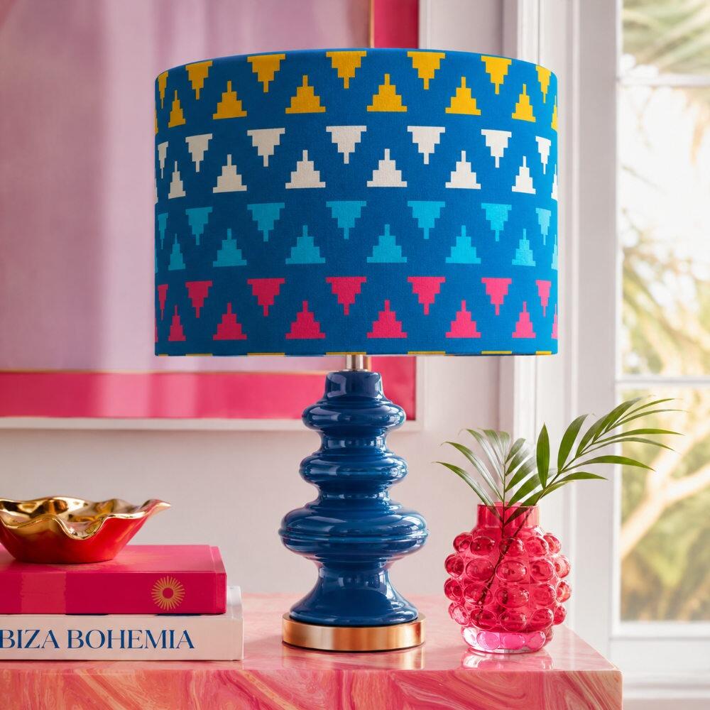 Bright Blue Kilim Velvet Lampshade on Table Lamp